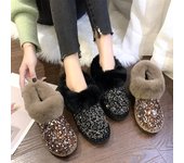 Botas de nieve cálidas de piel de invierno para mujer, botas de nieve de felpa, botas de nieve de pelo de conejo con lentejuelas para mujer, botas gruesas de algodón, botas antideslizantes brillantes, zapatos de algodón 36 negro