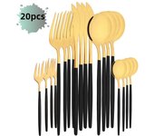 Juego de vajilla de acero inoxidable de 20 piezas en oro negro con cuchillo, tenedor, cuchara y cubiertos para fruta, vajilla de cocina. plata