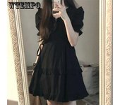 Versión coreana del vestido Retro de Color puro, vestido con cuello de muñeca lateral de oreja de madera, vestido que roza la cintura, falda acampanada de verano para estudiantes femeninas M negro