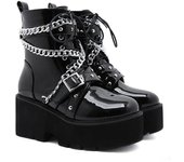 Tacones de 8 cm, tacón grueso con pendiente inferior, botas cortas Muffin, cadena de metal, botas con cordones delanteros, botas grandes para mujer Lhx 35 negro