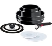 Juego de ollas y sartenes Tefal con mangos extraíbles para fuego de gas libre de sustancias nocivas como PFOA Neo Hard Titanium negro L43891, juego de 9 piezas,