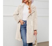 Chaqueta larga de felpa con solapa de color liso para mujer, otoño e invierno S vino