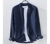 Camisa de lino con cuello alto estilo japonés para hombre: chaqueta ligera, transpirable e informal de manga larga para primavera y verano. L azul claro