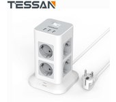 TESSAN-regleta de alimentación de torre, enchufes múltiples con interruptor, 8 salidas, 3 puertos USB, Cable de 2M, extensión de enchufe europeo para el hogar y la Oficina 8 Outlets & 3 USB Ports gris