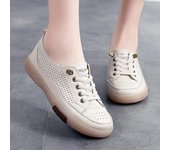 Zapatos planos de mujer, zapatos informales con recortes transpirables de verano, zapatos planos de cuero genuino de fondo suave para mujer, zapatos blancos 35 beige
