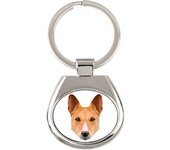 Basenji, perro de monte africano, perro del Congo: llavero geométrico con foto y la inscripción Art-Dog blanco