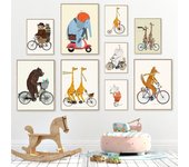 Lienzo estampado de animales de dibujos animados nórdicos, pintura de bicicleta, ruedas, jirafa, elefante, zorro, póster, imágenes de Arte de la pared Decoración de habitación de niños (con marco) 15*20cm(with frame)