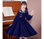 Vestido de princesa con cuello de muñeca y manga larga para niña - Primavera/Otoño 150cm azul marino