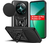 Funda para Realme 12 Plus 5G Funda deslizante para lente de cámara Anillo protector Soporte Armadura Cubierta para Realme 12+ 5G Capa for Realme 12 Plus negro