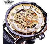 T-winner hombres Relogios esqueleto relojes marca de lujo tira de cuero reloj de pulsera hombres reloj mecánico negro