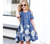 Vestidos con estampado de flores azules y blancas florales para niñas Vestido con hombros descubiertos para fiesta de niñas Vestido de princesa Vestido de manga corta para mayores de cuatro años 80 azul