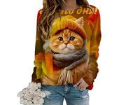 Tops para mujer, camiseta de manga larga con cuello redondo y estampado de gato divertido en 3D, jersey ajustado informal de otoño, top de manga larga para mujer XS color rosa