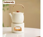 Exquisita tetera de cerámica de color amarillo crema con base calentadora de té para velas, tetera, estufa para hornear, hervidor de agua hirviendo, soporte para horno