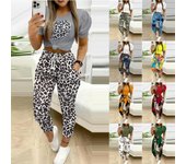 Conjunto de dos piezas de pantalón con cordón y estampado de manga corta para mujer europea y americana 2XL