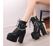 Botas góticas con correa y hebilla para mujer, botines con plataforma de piel sintética, tacones gruesos, cadena, tacones ultraaltos, botas de moto 34 negro
