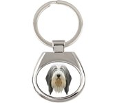 Bearded Collie, Highland Collie, Mountain Collie - geometric keychain with a photo and the inscription Art-Dog blanco