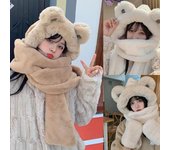 Gorro de felpa cálido y grueso de invierno con orejas de oso, bufanda todo en uno súper suave para prevenir el clima frío, para mujer blanco
