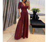 Mono con pernera ancha y manga corta para mujer, informal, con cuello en V y cintura alta, con temperamento de verano XL rojo/marrón