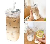 Taza de vidrio transparente cuadrada resistente al calor con borde y pajita, taza para café, té, leche, bar, hogar, regalos para parejas 350ML