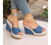 Zapatos de mujer, zapatillas de verano, moda retro, plataforma de cuña, zapatos de playa para mujer, tacones altos, sandalias, mulas 36 azul