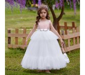 Vestido de tul blanco con lentejuelas de verano para niñas, vestidos de princesa para dama de honor, vestidos de fiesta para niñas con lazo, traje de noche de primera comunión para boda 120 (5T) champagne
