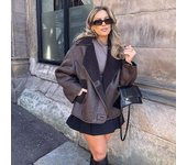 Chaqueta de cuero sintético con doble cara y forro polar para mujer, abrigos de felpa con solapa y un solo pecho, estilo vintage, para otoño e invierno, prendas de vestir exteriores holgadas y cálidas L caqui