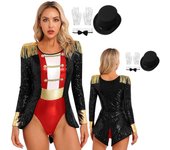 Disfraz de maestro de ceremonias de circo para mujer, disfraz de Halloween, leotardo con borlas, mono con sombrero, guantes con cuello de lazo para espectáculos de fiesta y escenario M rojo