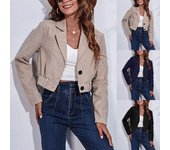 Chaqueta de pana con cuello a la moda para mujer Chaqueta corta de manga larga Otoño/Invierno L negro