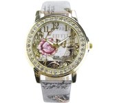 Relojes de pulsera analógicos de cuarzo con correa de cuero y estampado de rosas