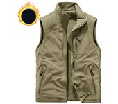 Chaleco de terciopelo para otoño/invierno, chaleco deportivo para exteriores para hombres de mediana edad y mayores, chaleco de ocio con múltiples bolsillos de secado rápido M caqui