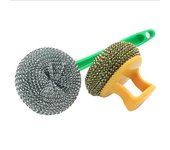Cepillo de bola de alambre de acero inoxidable con mango largo para fregar platos de cocina, herramienta de limpieza de ollas, duradero y apto para lavavajillas. A