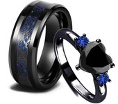 Anillos de pareja encantadores para hombres, anillo de dragón celta de acero inoxidable, corazón, circonita negra, conjunto de anillos de boda para mujeres, joyería para el Día de San Valentín 5