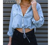 Blusas y camisas de cuello tipo polo de manga larga con estampado de colores sólidos para primavera y otoño para mujer de VEZFAA S azul claro