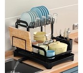 Escurridor de platos de 2 niveles, escurridor de platos para cocina con cesta de drenaje, organizador de vajilla para encimera, escurridor negro