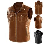 Chalecos de cuero de PU de invierno y otoño para hombre, chaqueta fina sin mangas de moda con múltiples bolsillos y forro polar para motocicleta Vintage M caqui