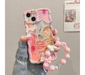 Funda de lujo con pintura al óleo de flores y rayos azules de primavera para iPhone 16, 15, 14, 13, 12, 11 Pro Max, protección de cámara con borde ondulado rizado, cubierta suave IMD con pulsera iPhone 16 Pro Max