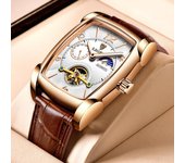 Reloj LIGE Original para hombre, reloj mecánico automático con correa de cuero informal a la moda, cronógrafo luminoso resistente al agua oro rosa/blanco