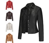 Chaqueta de cuero con remaches de primavera y otoño, nueva chaqueta de cuero con botones, abrigo fino de moda europea y americana, ropa de mujer S negro