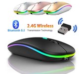 Ratón inalámbrico Bluetooth 5,0 de 2,4G, luces LED RGB, ratón silencioso inteligente para dormir para ordenador portátil, ratón para juegos, ratón óptico recargable por USB negro