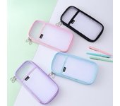 Estuche de malla para lápices de gran capacidad, bolsa de papelería con cremallera, estuche transparente para niños, bolsa de maquillaje portátil color rosa