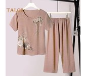 2 Unids/set Mujer Camiseta Pantalones Conjunto Ropa de Hogar Traje Color Sólido Estampado Floral Cuello Redondo Manga Corta Top Pierna Ancha Cintura Elástica Pantalones Sueltos Pijamas XL color rosa