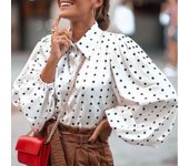 Blusa de manga farol suelta con lunares y solapa para mujer, otoño e invierno M blanco