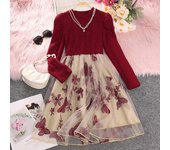 Vestido de manga larga con estampado Floral para niñas, primavera y otoño, novedad de 2023, vestido rojo de malla bordada para adolescentes, vestido de princesa acampanado, ropa 7-8Y rojo