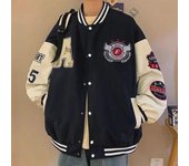 Chaqueta de béisbol con estampado de letras bordadas de otoño para hombre: corte holgado para parejas o estudiantes adolescentes, manga larga. Extra Large azul