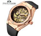PAULAREIS Reloj mecánico automático para hombre con cinta hueca de oro rosa oro