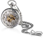 JEWELRYWE Reloj de bolsillo automático con esqueleto mecánico, reloj colgante analógico, reloj de bolsillo resistente al agua, estilo antiguo, dragón, fénix, estilo chino plata