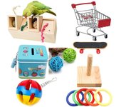 Juego de 3-8 piezas de rompecabezas de pájaros, juguetes para loros, suministros para pájaros, carrito de patineta, carrito de compras, juguete de entrenamiento para pájaros, rompecabezas, anillo, juguete interactivo
