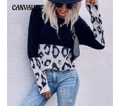 Otoño e Invierno suéter de mujer moda empalme manga larga estampado de leopardo suéter suelto holgado S negro