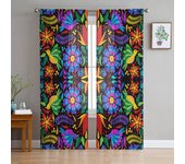 Cortinas transparentes con flores abstractas de México coloridas para decoración de sala de estar, cortinas para ventanas, cortinas de organza de tul y gasa para cocina W135 x H115cm x1