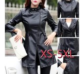 Chaqueta de cuero para mujer, chaqueta larga ajustada de retazos para mujer, ropa de abrigo de PU para motocicleta para otoño e invierno L negro